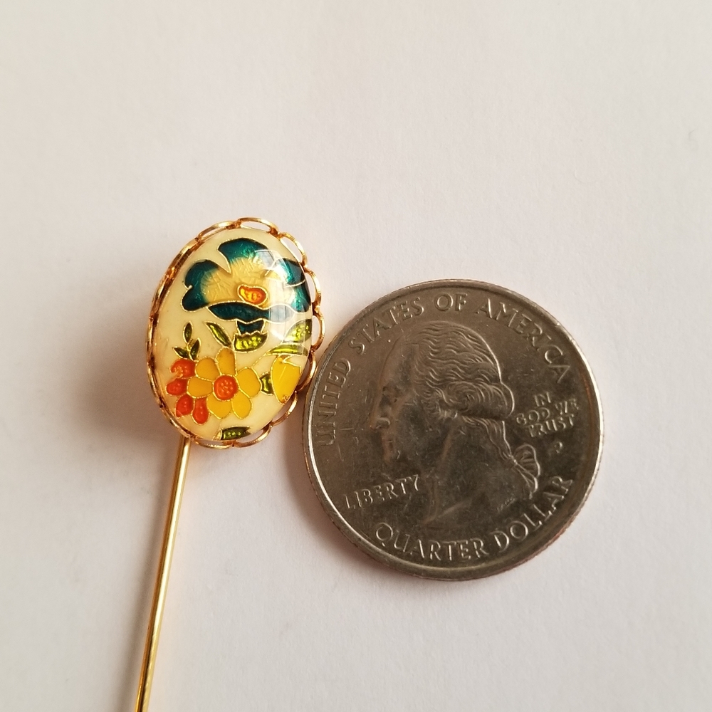 Vintage floral stickpin stick pin cloisonne enamel cabochon gold tone lapel - Picture 7 of 10
